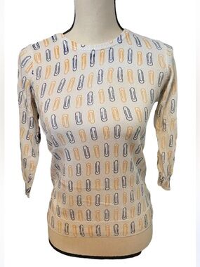 Modcloth Cream Sweater with Mustard and Navy paper clips Graphic Print Medium